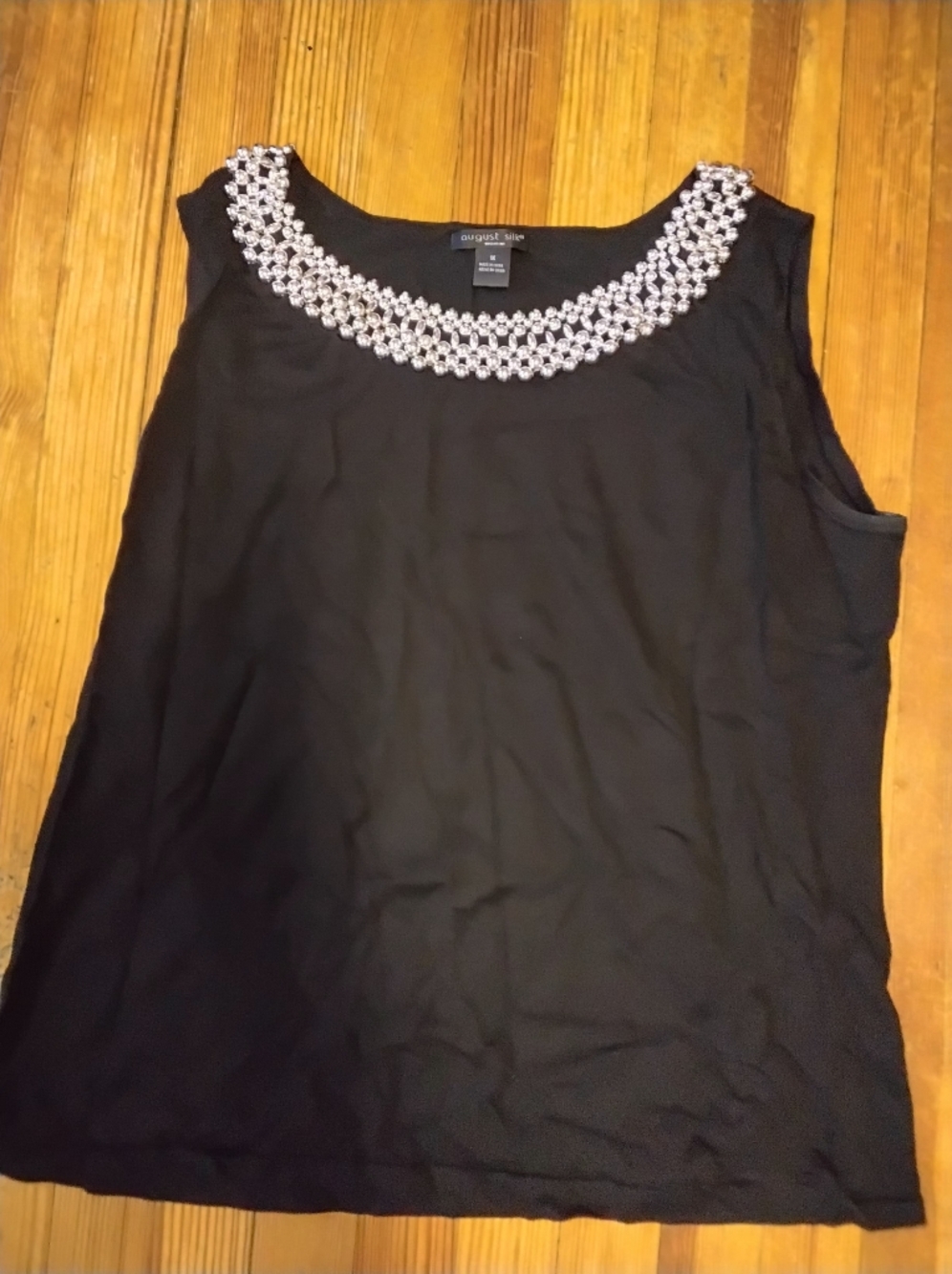 august silk Black Sleeveless Camisole with Crystal-Embellished Neckline